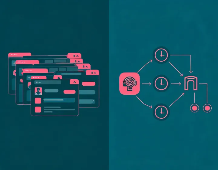 Before and after view of fragmented tools and an agent workflow graph